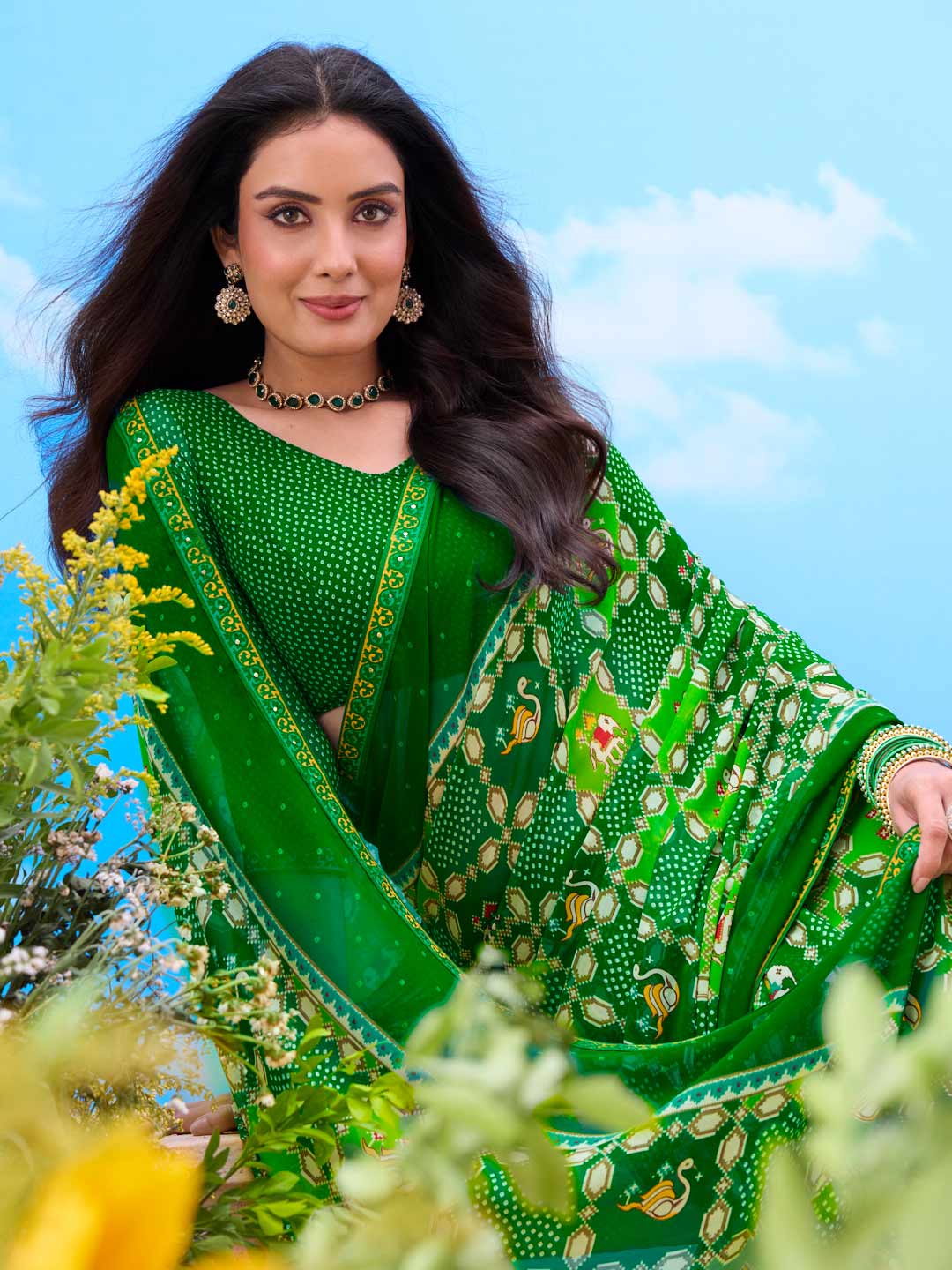 Green bandhani printed cotton saree festive wear