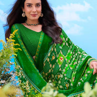 Green bandhani printed cotton saree festive wear