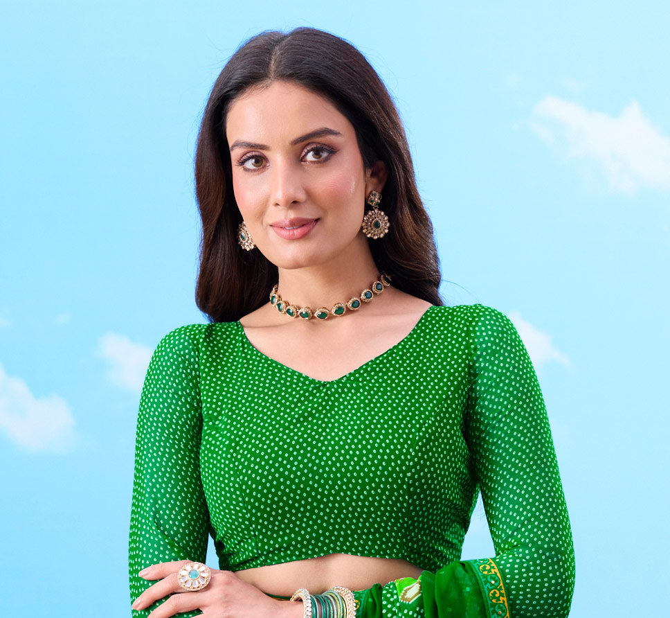 Green bandhani printed cotton saree daily wear