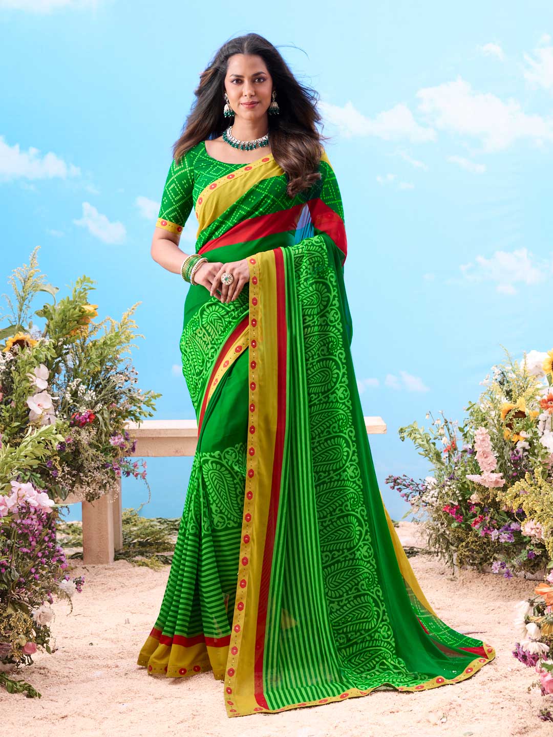 Green striped cotton saree casual wear 