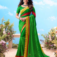 Green striped cotton saree casual wear 