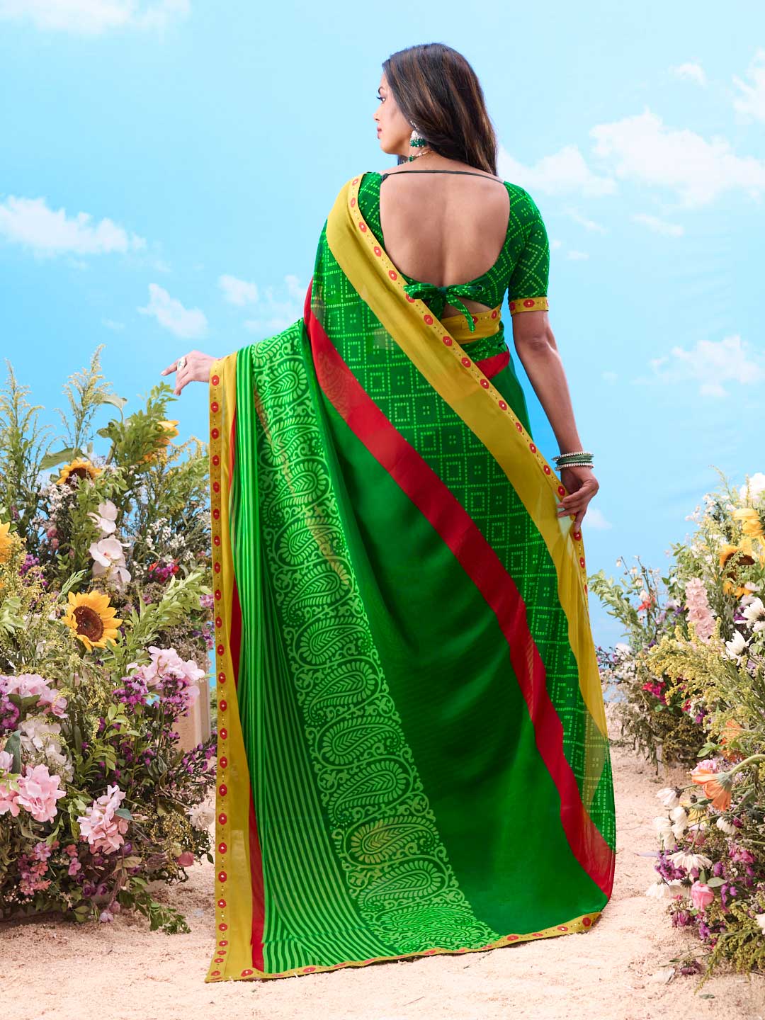 Green bandhani cotton saree festive wear
