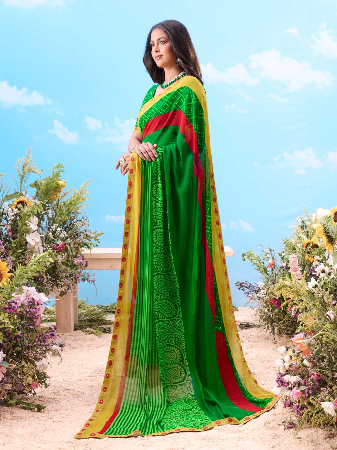 Green printed cotton saree festive wear 