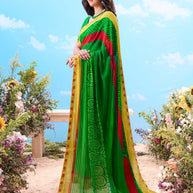 Green printed cotton saree festive wear 