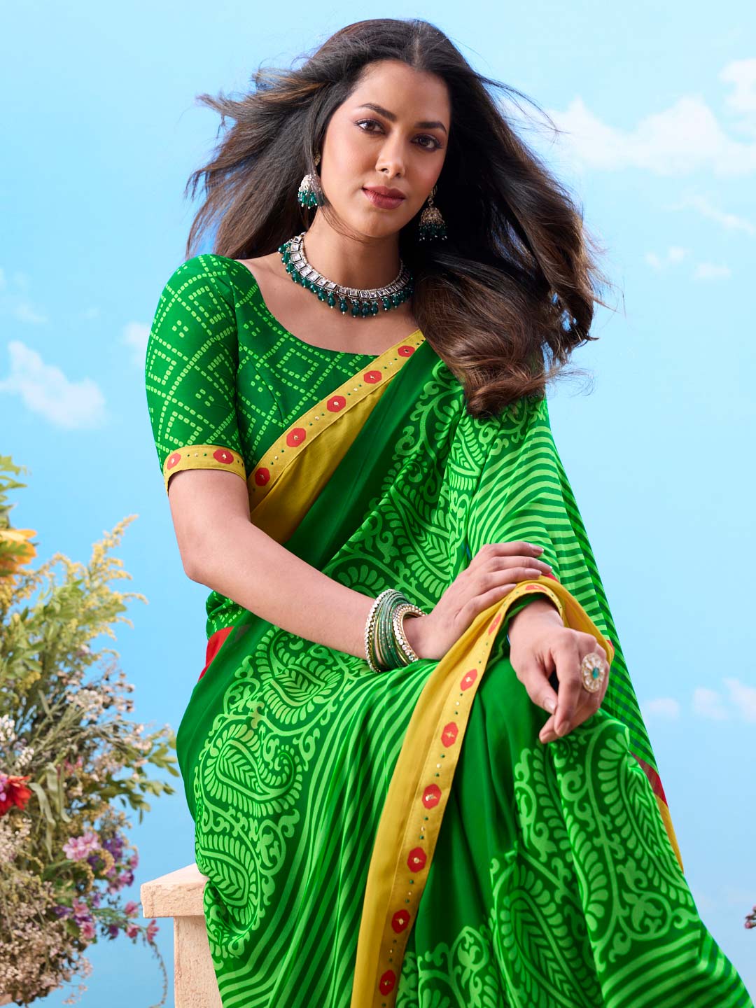 Green floral printed cotton saree party wear