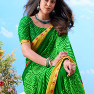 Green floral printed cotton saree party wear