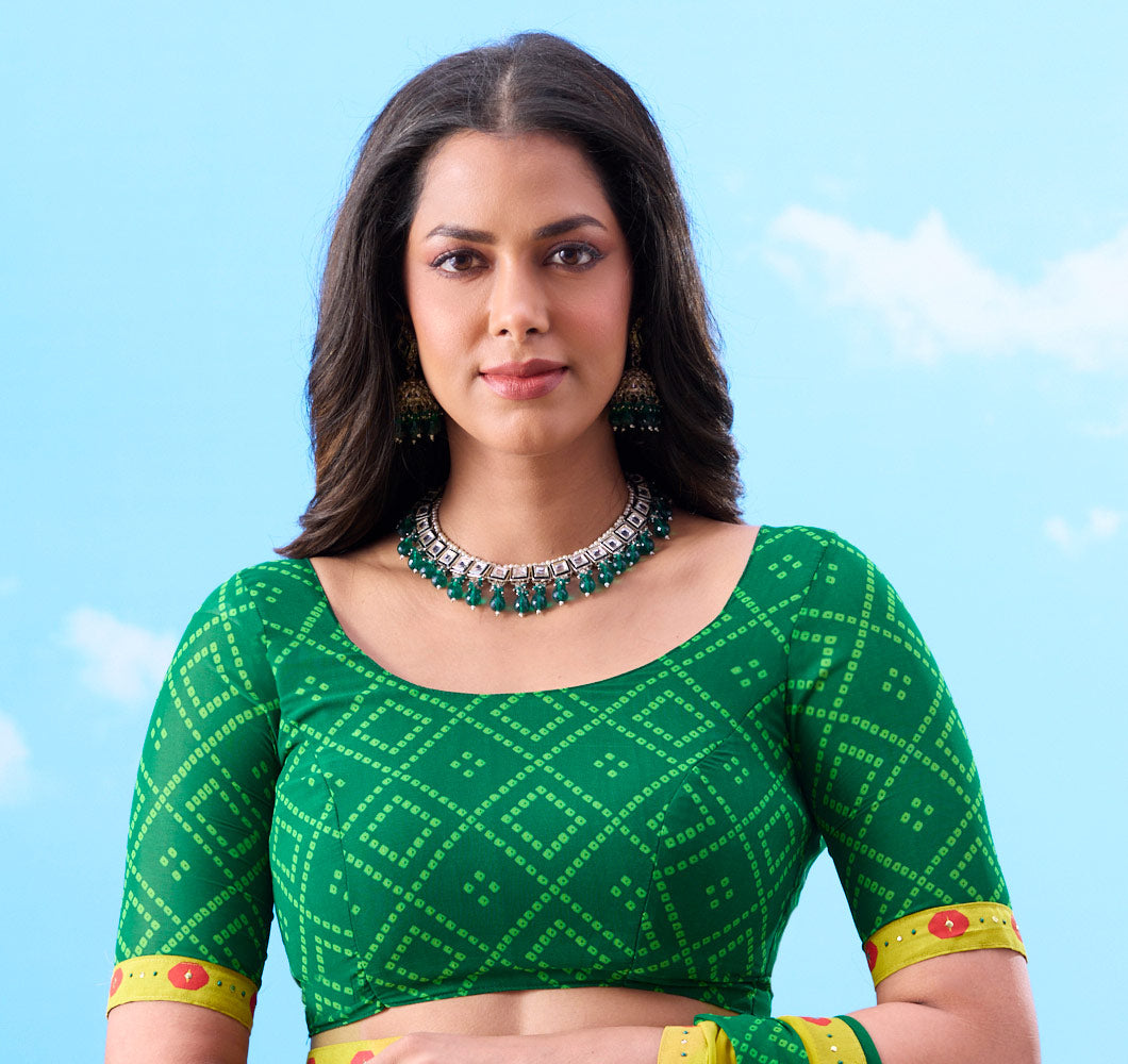 Green bandhani cotton saree festive wear