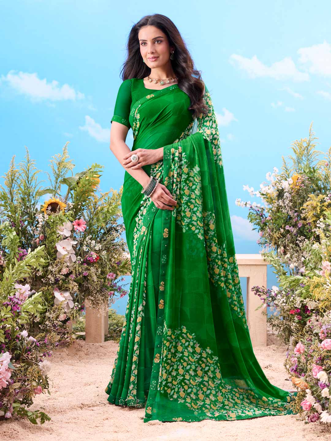 Green floral printed chiffon saree daily wear