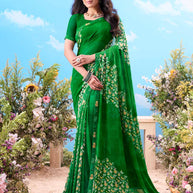 Green floral printed chiffon saree daily wear