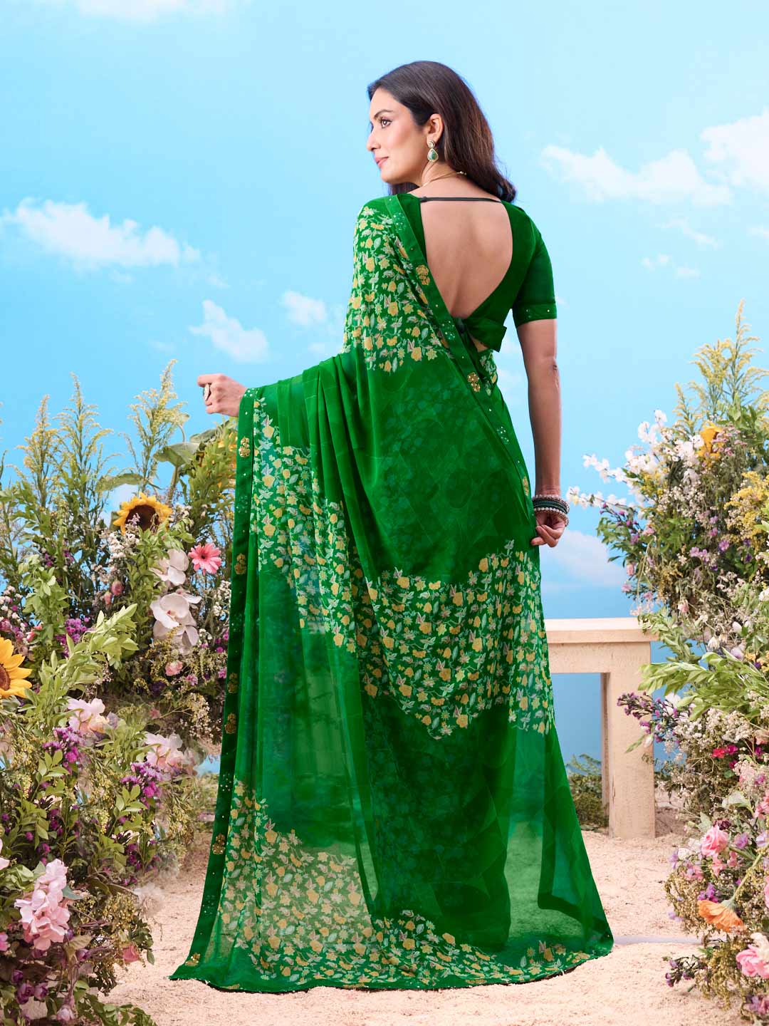 Green floral printed chiffon saree casual wear