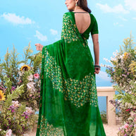 Green floral printed chiffon saree casual wear