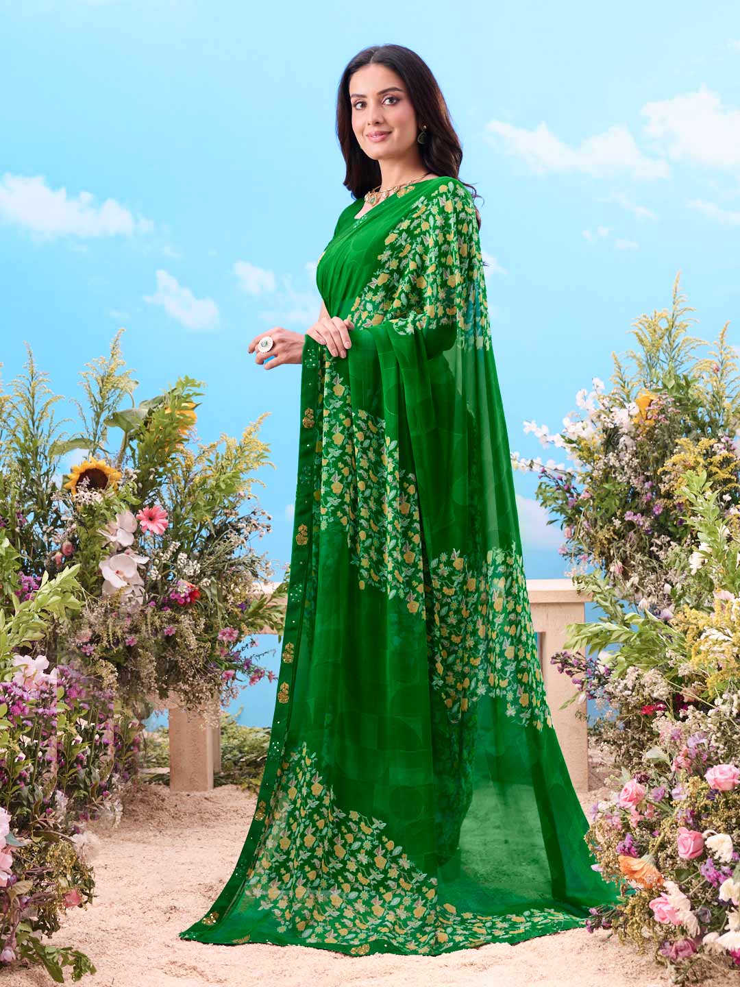 Green embellished chiffon saree party wear 
