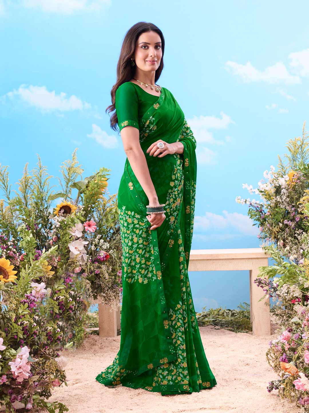 Green floral printed georgette saree daily wear