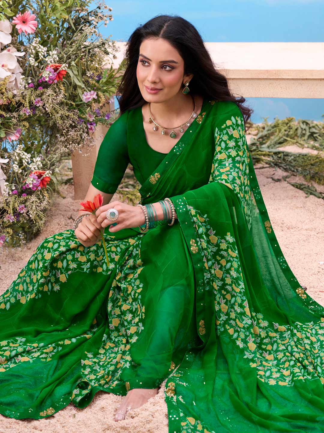 Emerald floral printed georgette saree festive wear