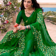 Emerald floral printed georgette saree festive wear