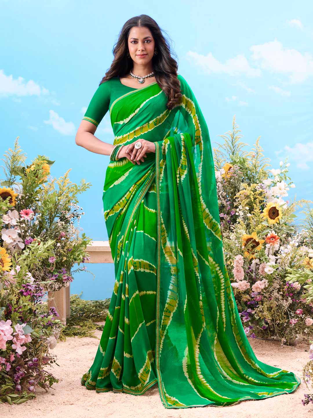 Green tie-dye georgette saree casual wear 
