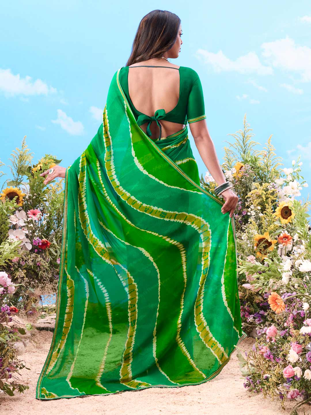 Green geometric georgette saree ethnic wear
