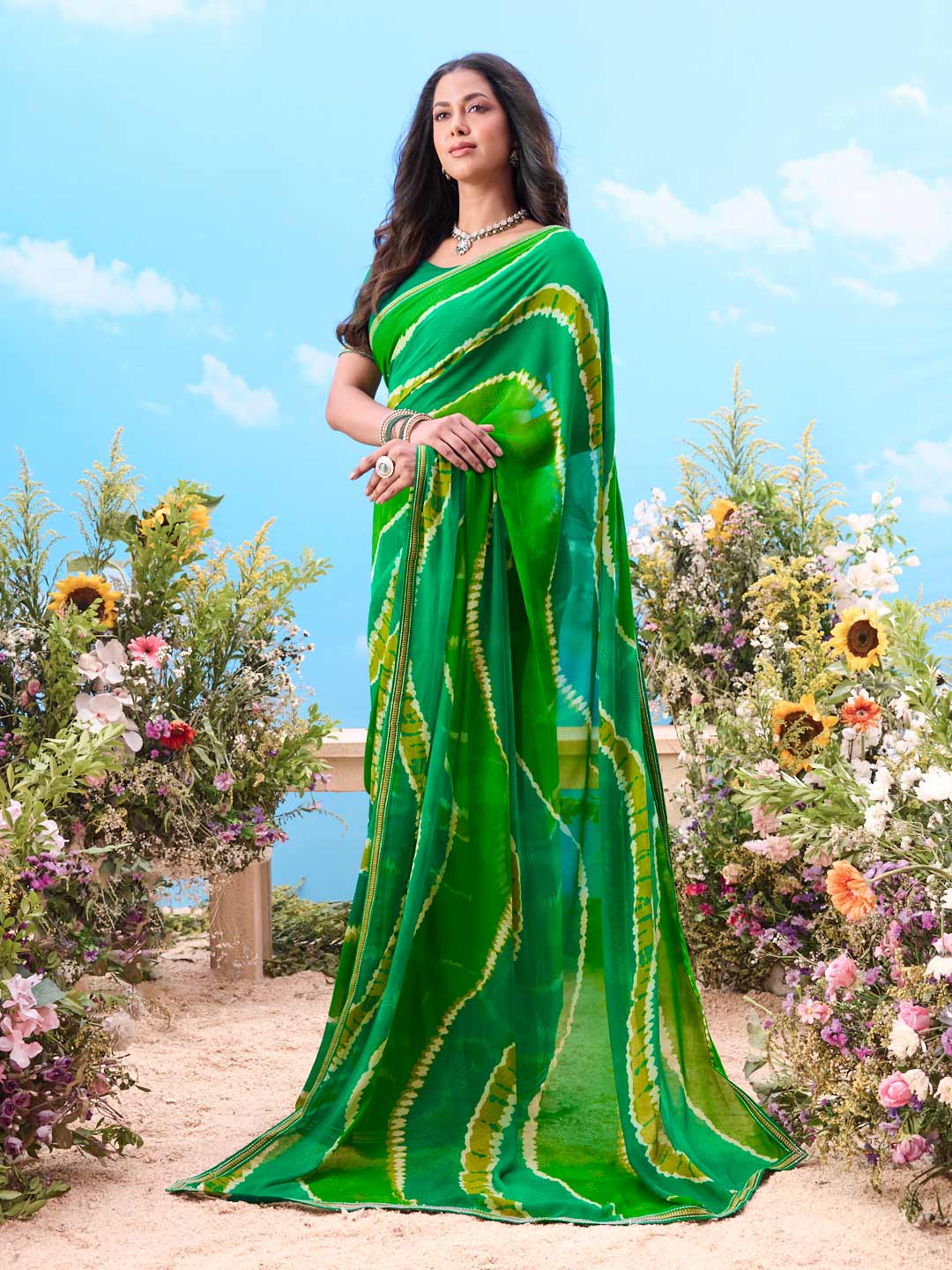 Green tie-dye georgette saree party wear