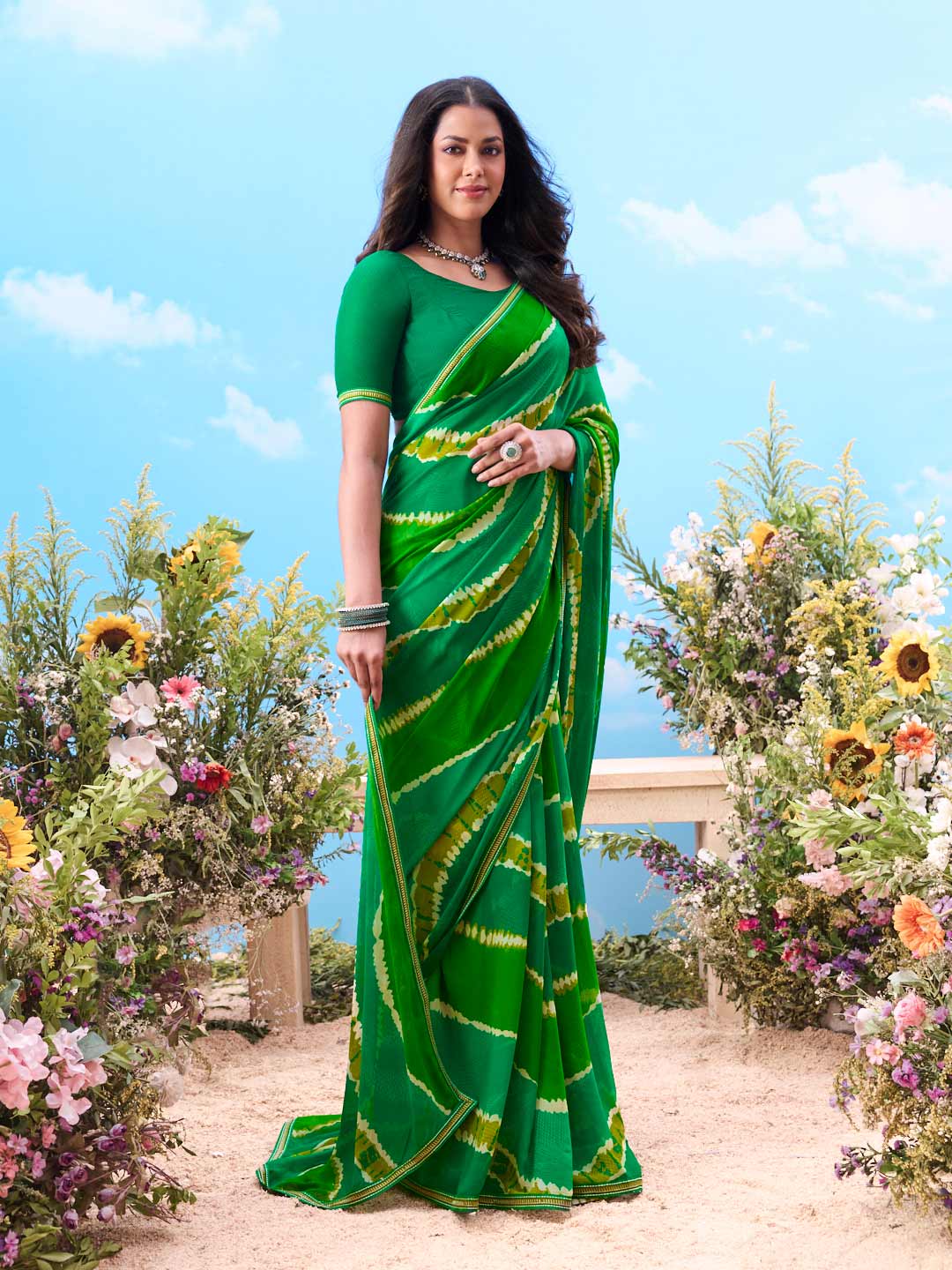 Green tie-dye chiffon saree daily wear