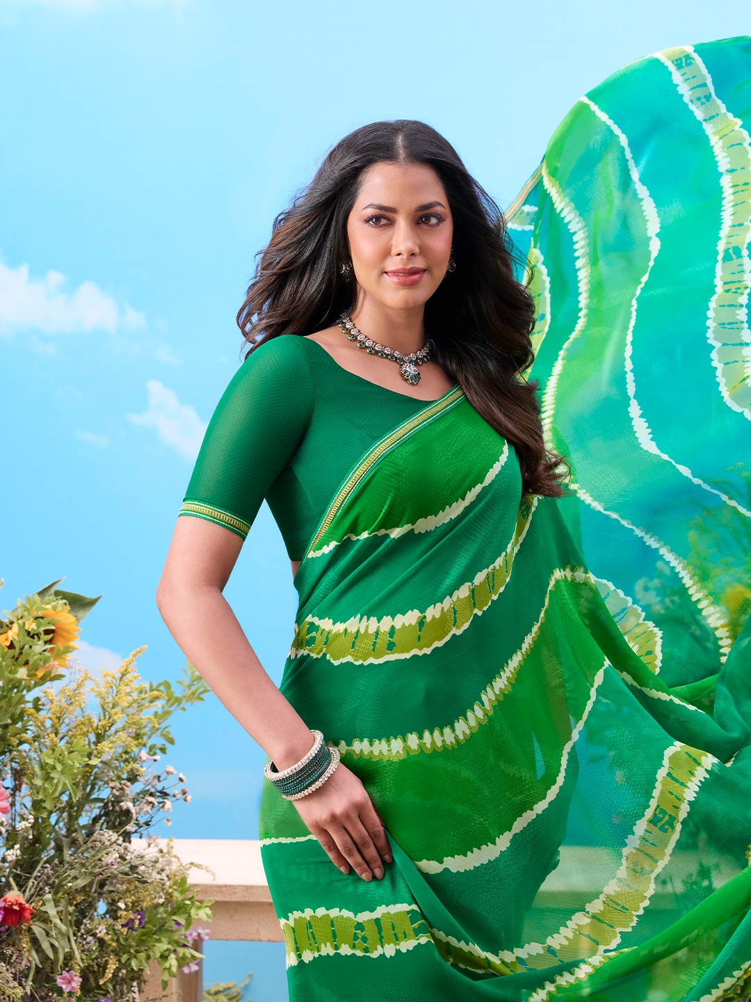  Green striped georgette saree casual wear 