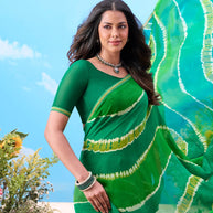  Green striped georgette saree casual wear 
