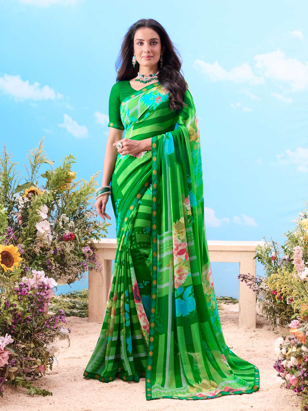 Green striped printed chiffon saree festive wear 