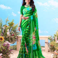 Green striped printed chiffon saree festive wear 