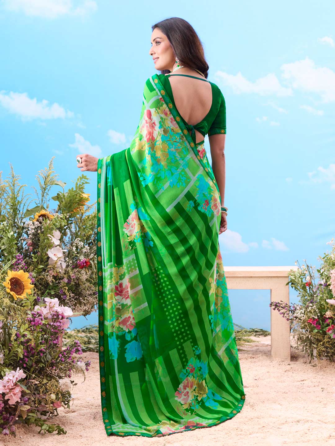 Light green polka dot chiffon saree casual wear