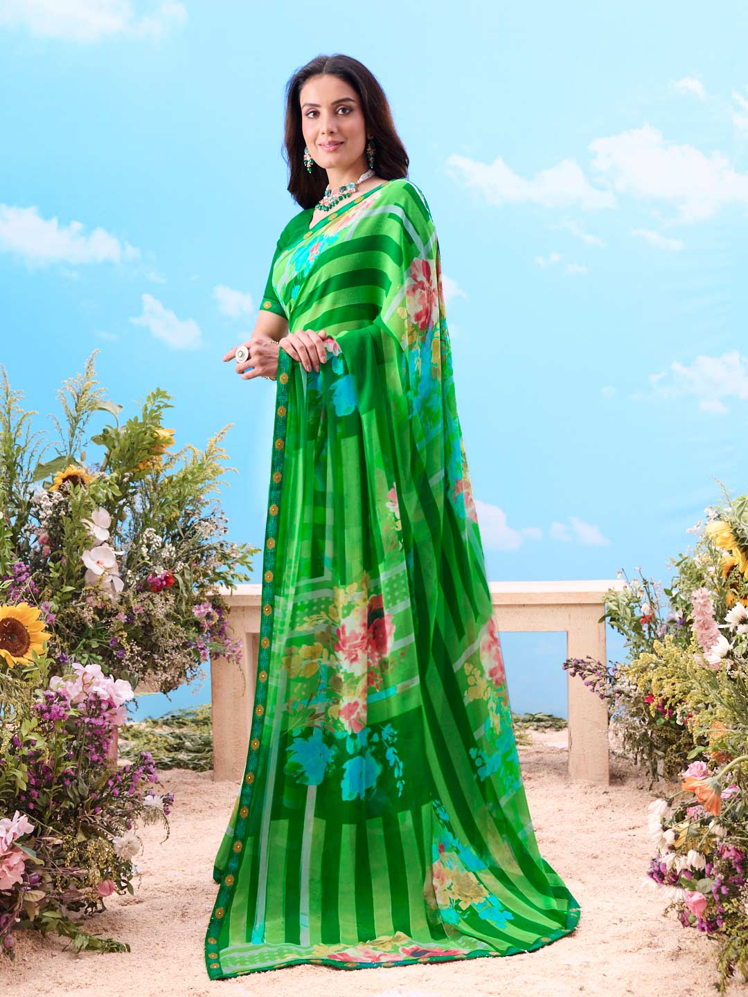 Green striped printed chiffon saree party wear