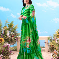 Green striped printed chiffon saree party wear