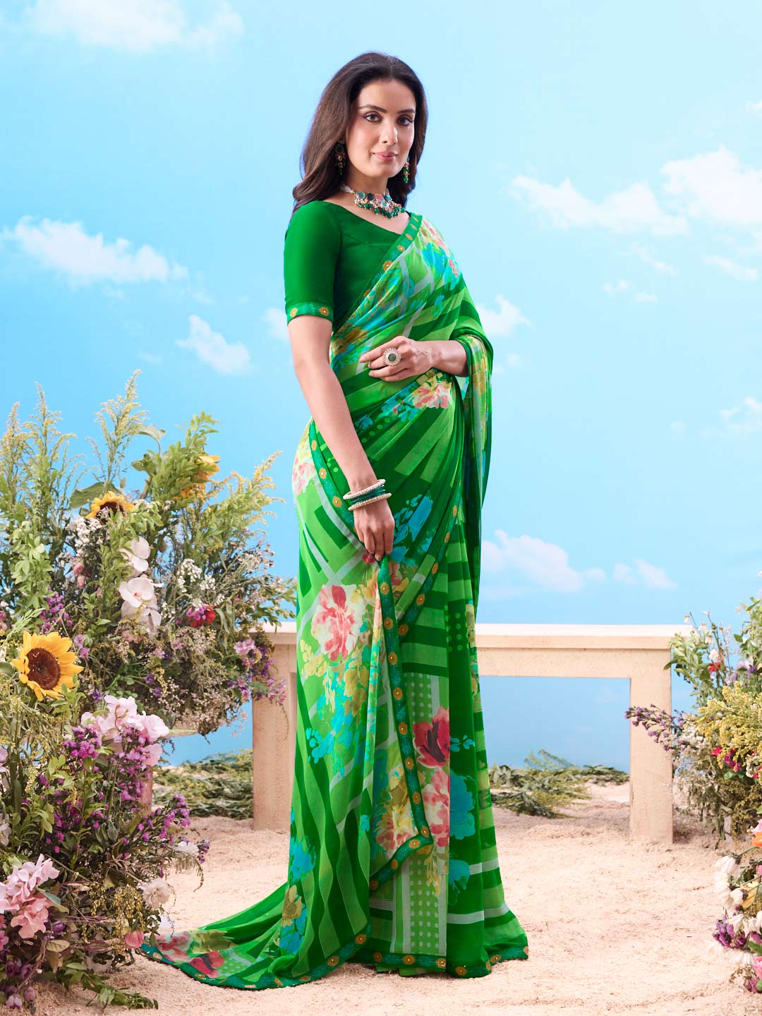 Green printed chiffon saree daily wear 