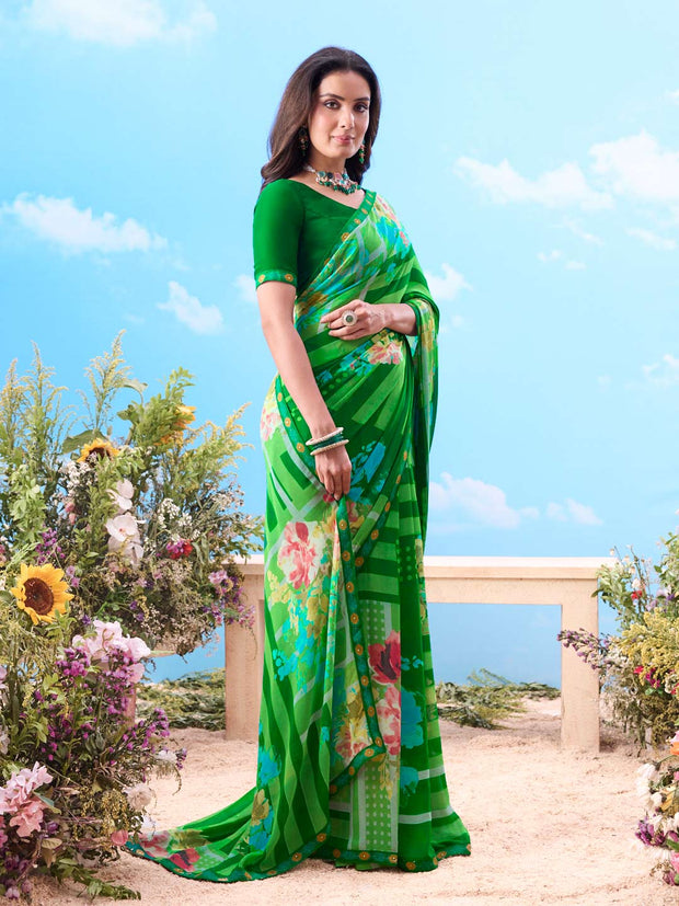 Green printed chiffon saree daily wear 