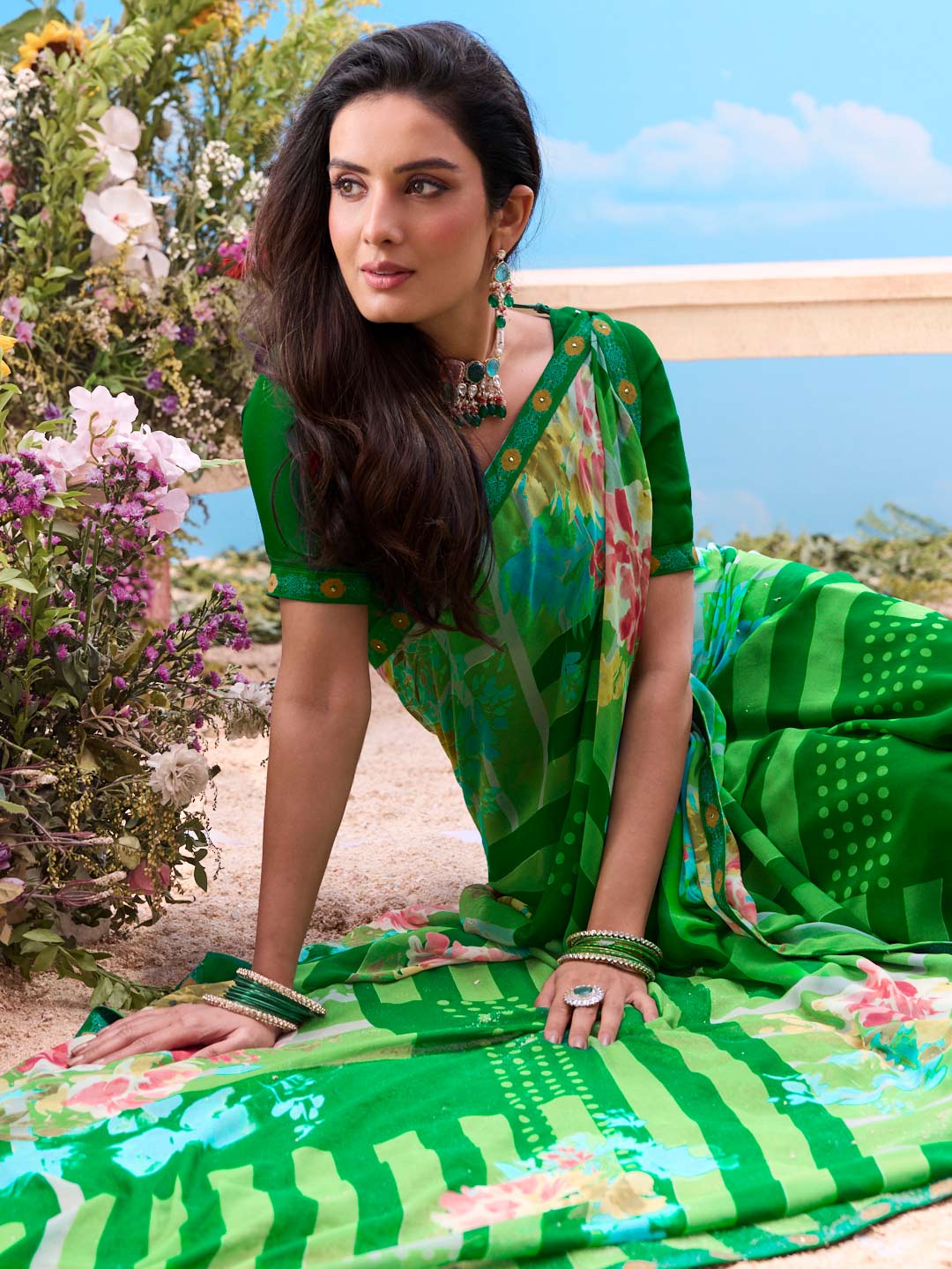 Green floral printed chiffon saree festive wear
