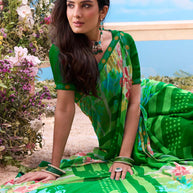 Green floral printed chiffon saree festive wear
