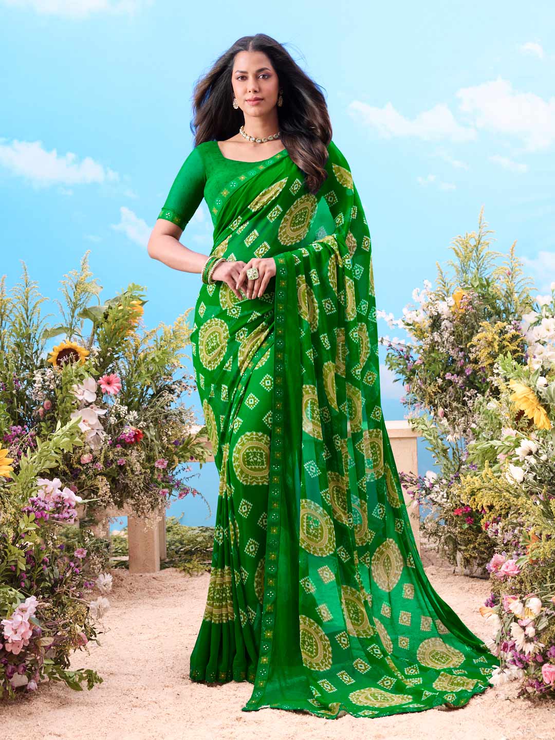 Green geometric printed georgette saree daily wear