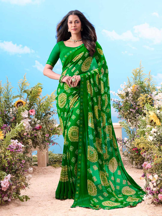 Green geometric printed georgette saree daily wear