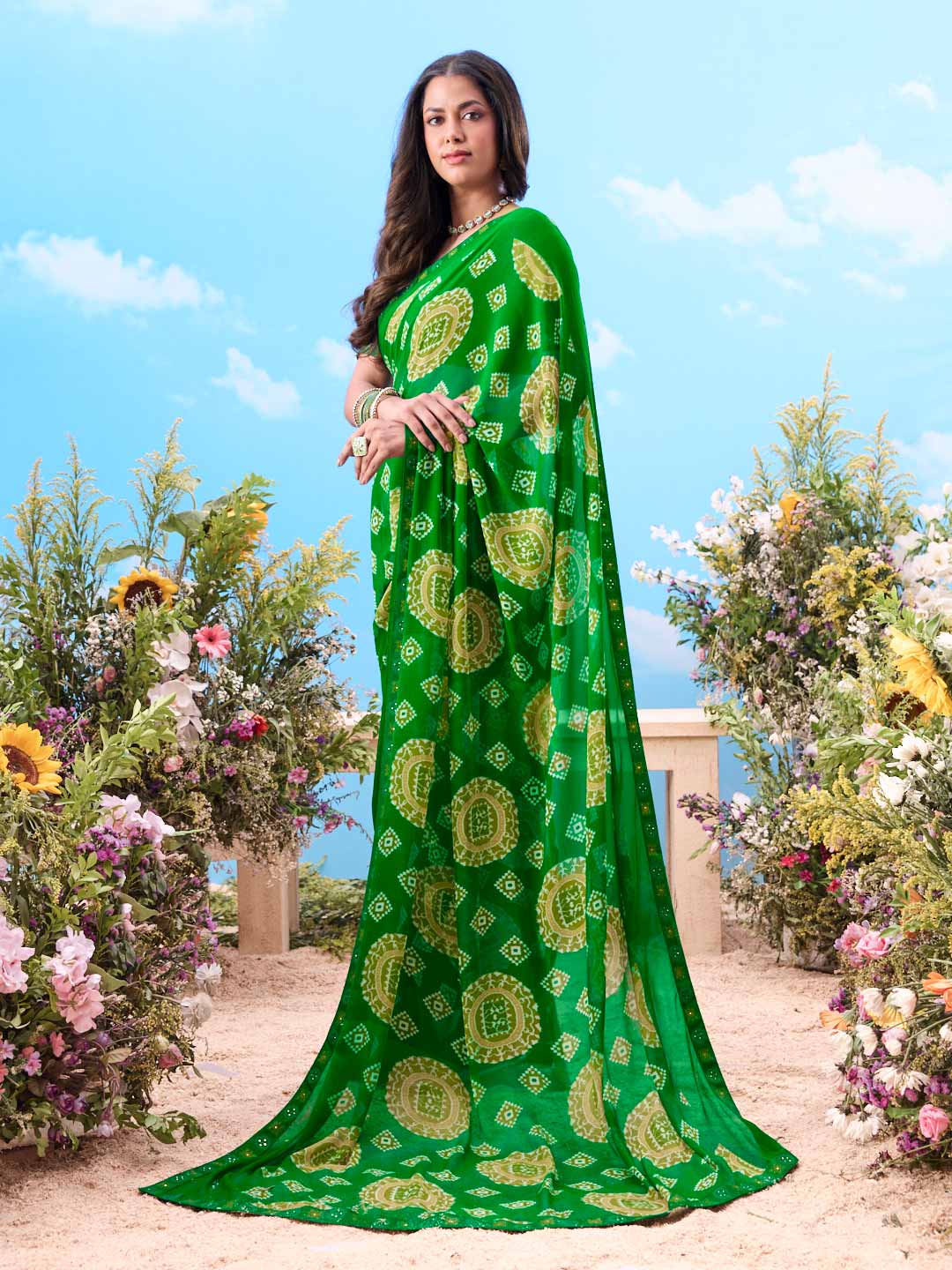 Green bandhani printed georgette saree traditional wear 