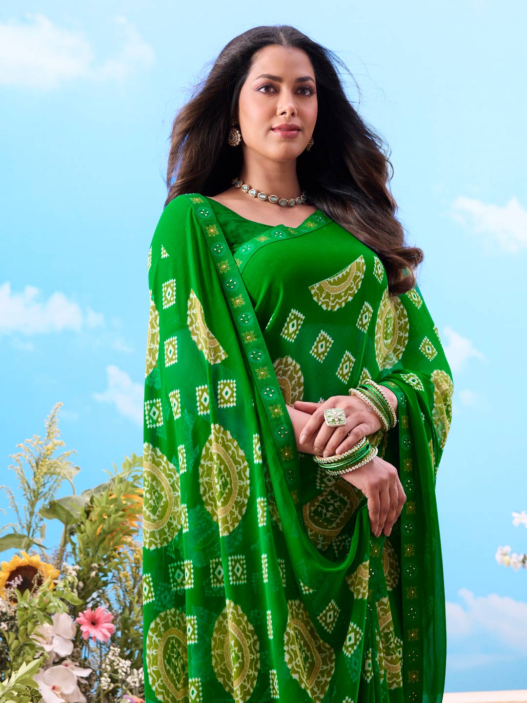  Green bandhani georgette saree traditional wear 