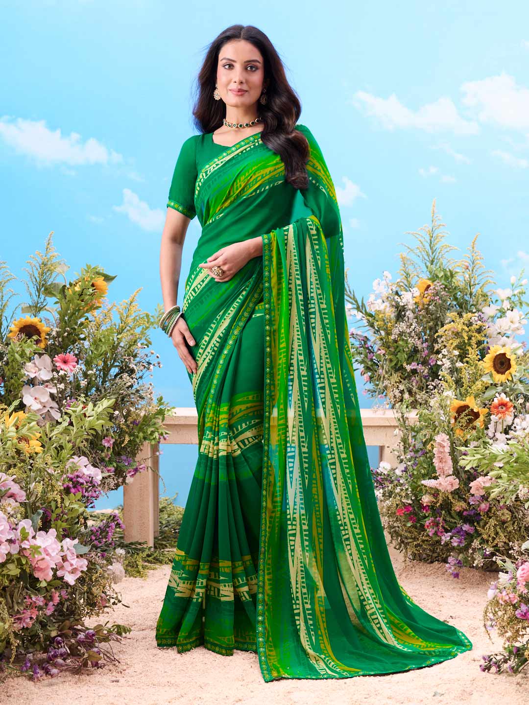 Green printed georgette saree daily wear
