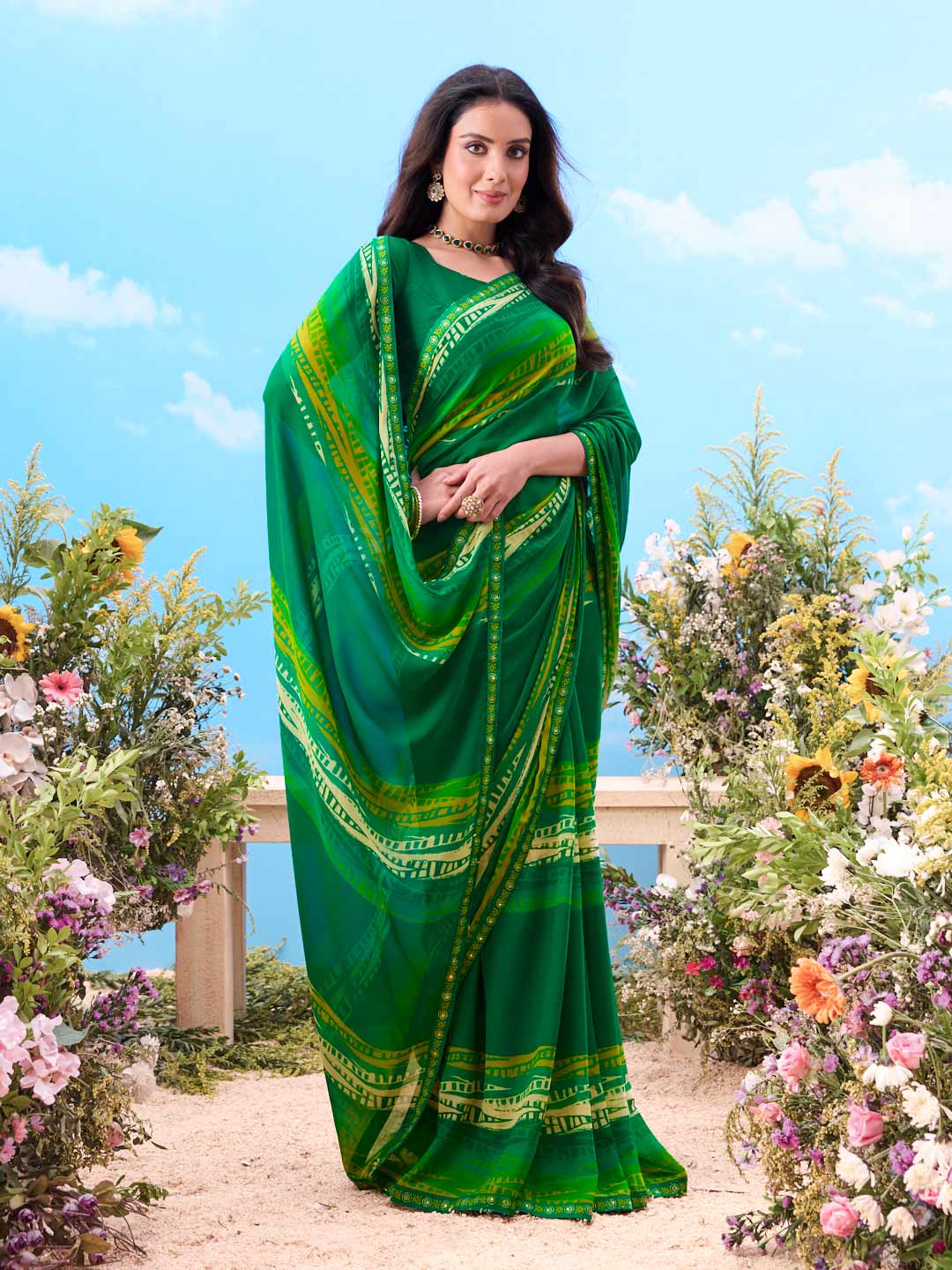 Green striped georgette saree daily wear