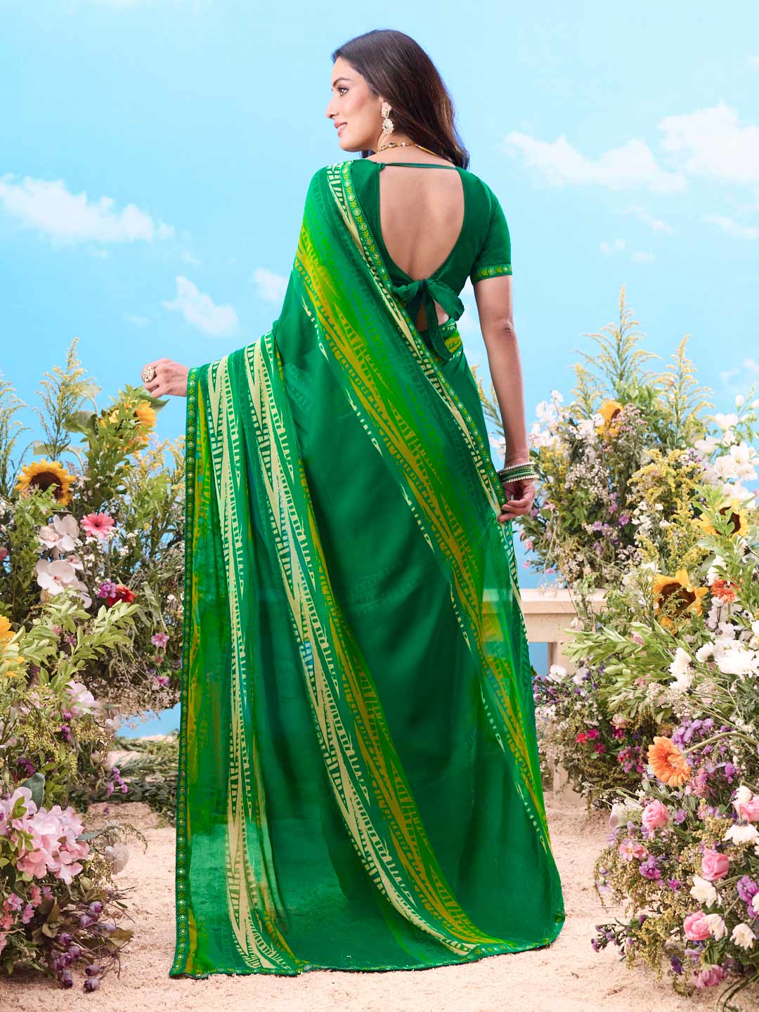  Green printed georgette saree daily wear