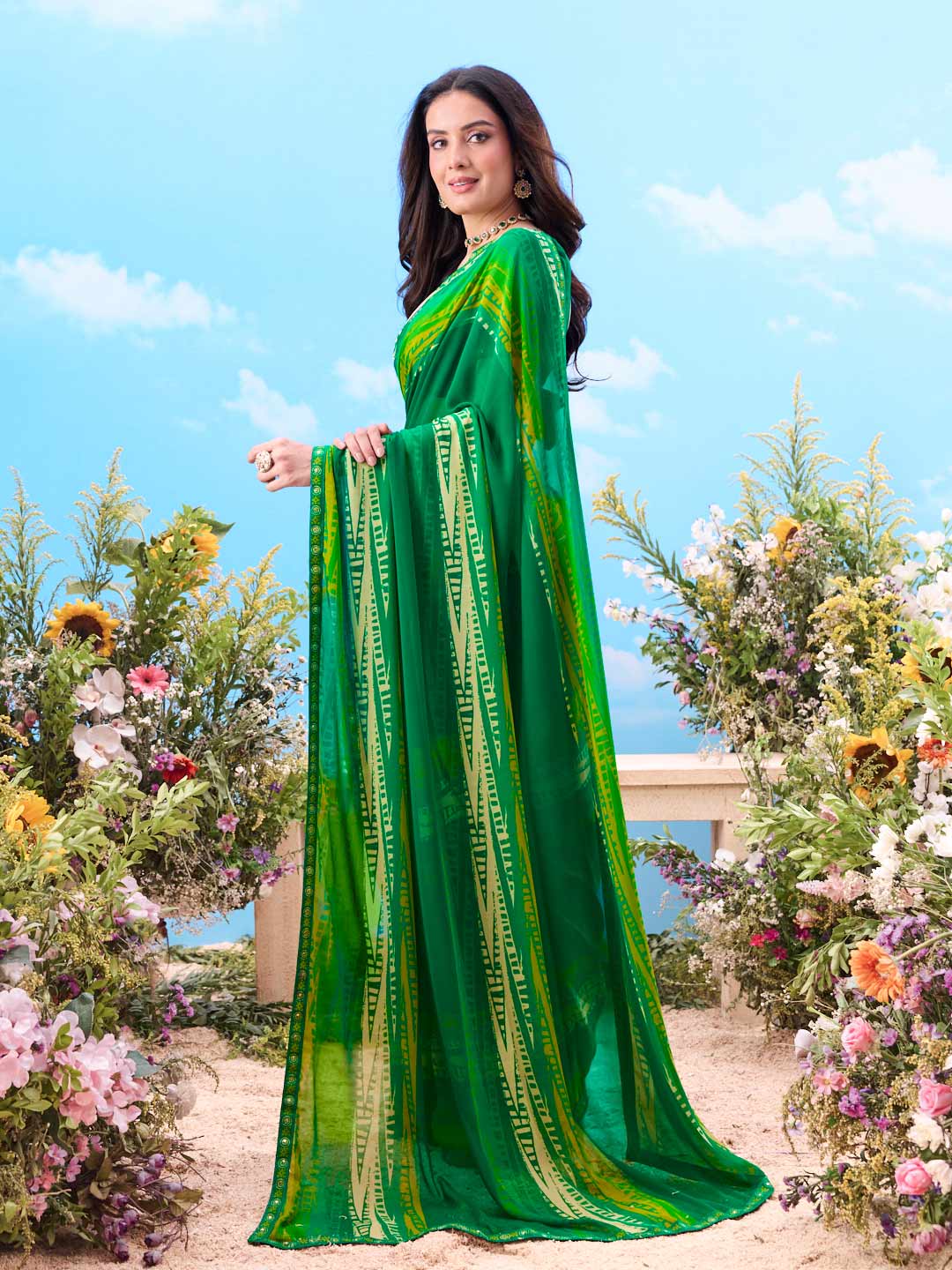 Green striped georgette saree daily wear