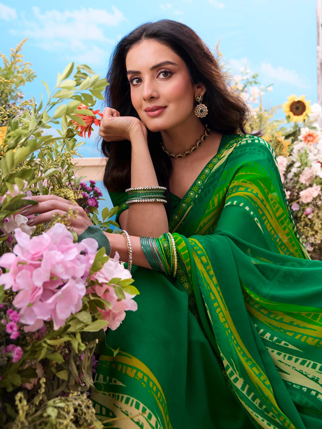  Green printed georgette saree daily wear