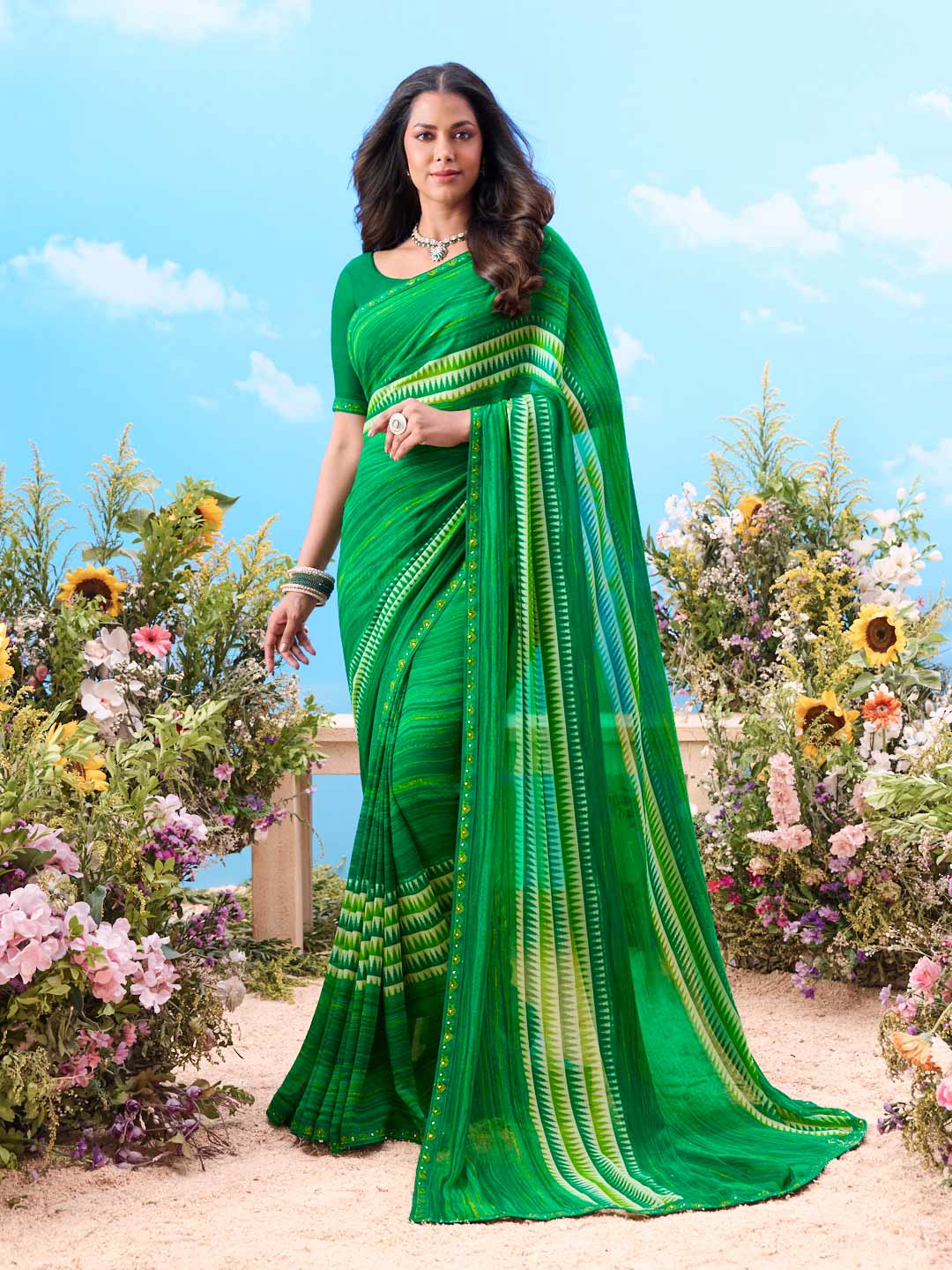 Green printed chiffon saree daily wear