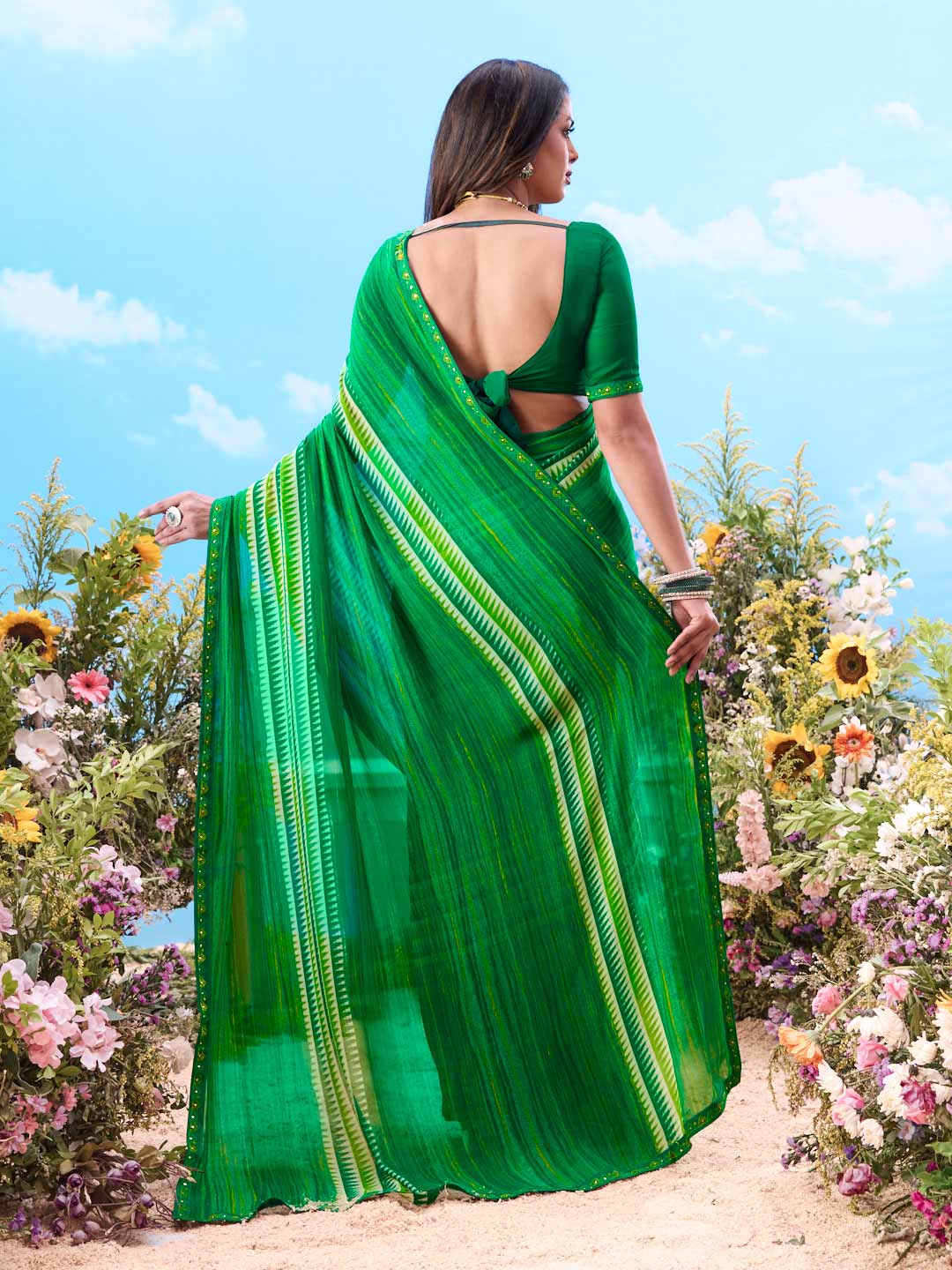  Green striped chiffon saree daily wear