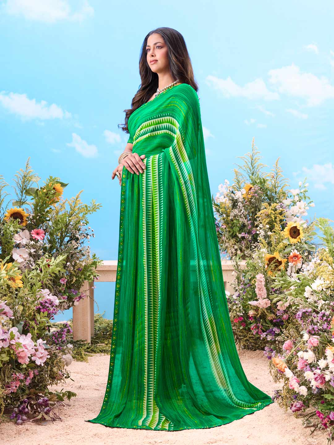 Green striped printed chiffon saree festive wear