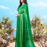 Green striped printed chiffon saree festive wear