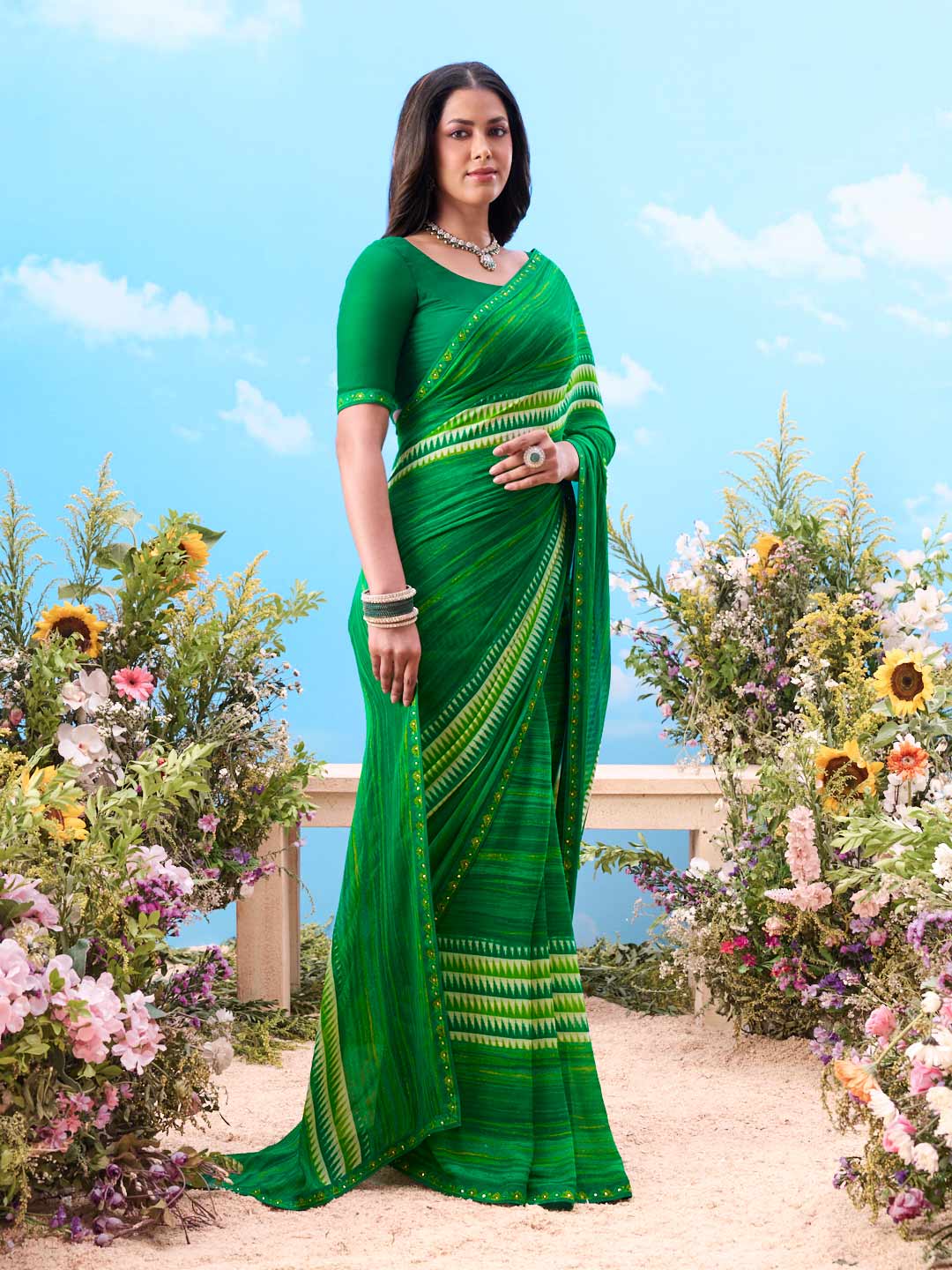 Green striped chiffon saree daily wear