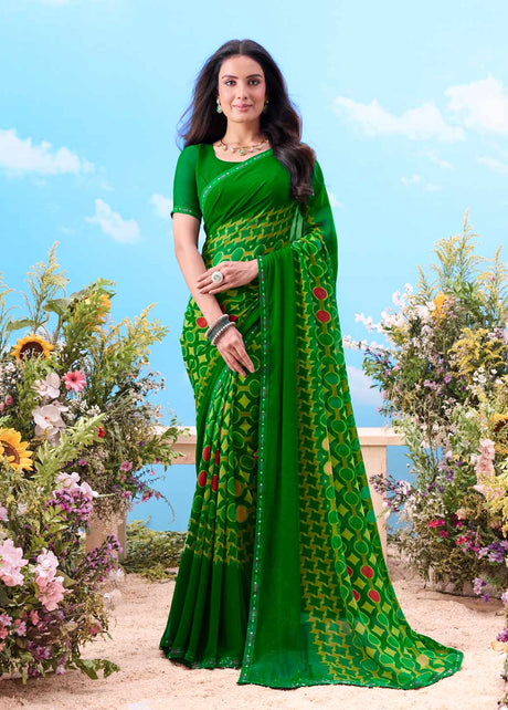 Green geometric printed georgette saree festive wear