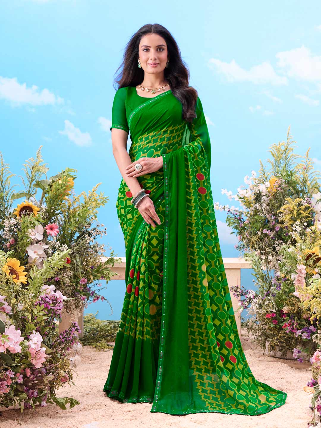 Green geometric printed georgette saree festive wear